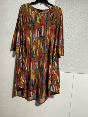 L& B Women's Brown Cactus Print Swing Dress